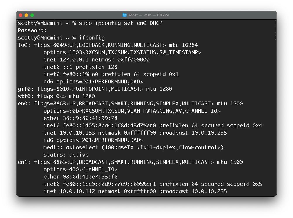 mac terminal commands ipconfig